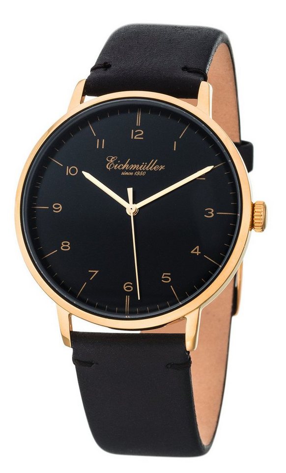 Eichmüller Quarzuhr Herrenuhr 3033-04 Schwarz Vergoldet Lederband 41 mm von Eichmüller