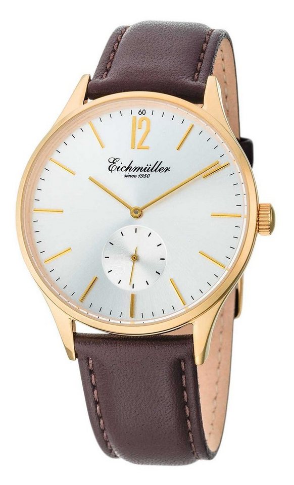 Eichmüller Quarzuhr Herrenuhr Vergoldet Lederband Braun 41 mm 3036-06, – Elegante Armbanduhr für Herren mit edlem Design von Eichmüller