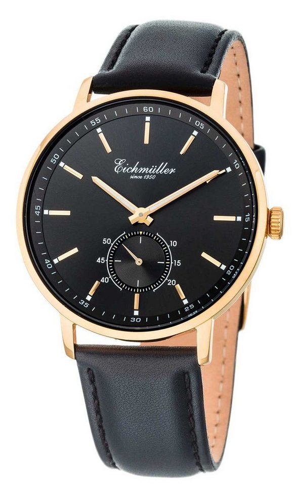 Eichmüller Quarzuhr Herren Slim-Gehäuse 41 mm Schwarzes Zifferblatt 3038-04, Schwarzes Lederarmband, Elegante Armbanduhr für Business und Freizeit von Eichmüller