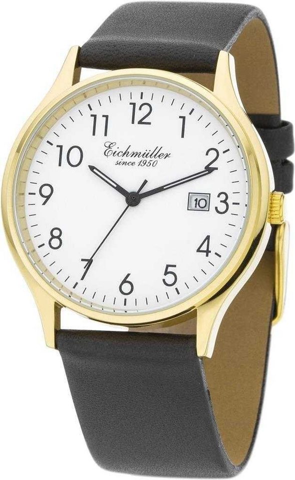 Eichmüller Quarzuhr Herrenuhr 3051-02 Edelstahl weiss-goldfarben-braun Lederband 38 mm von Eichmüller