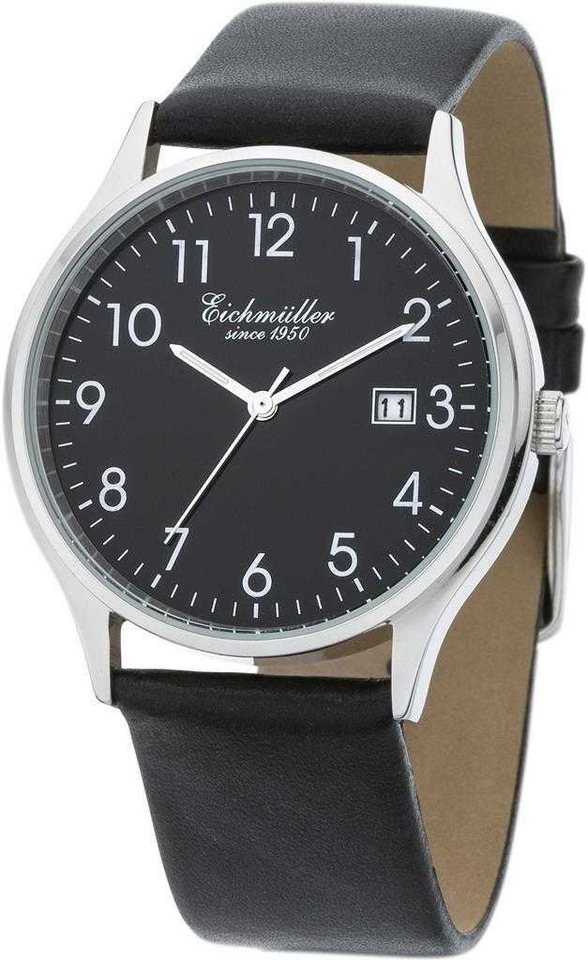 Eichmüller Quarzuhr Herrenuhr 3051-04 Edelstahl silberfarben-schwarz Lederband 38 mm von Eichmüller