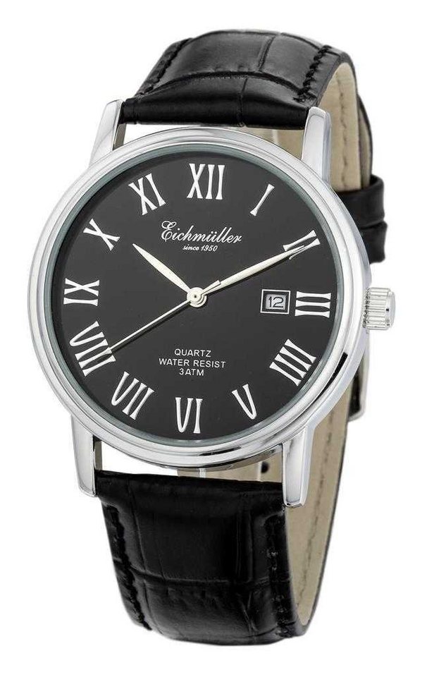 Eichmüller Quarzuhr Herrenuhr - Schwarzes Zifferblatt und Lederarmband, 39 mm - 7048-01, Klassische Analoguhr für Herren Eichmüller Quarzuhr Herrenuhr - Schwarzes Zifferblatt und Lederarmband, 39 mm - 7048-01, Klassische Analoguhr für Herren von Eichmüller