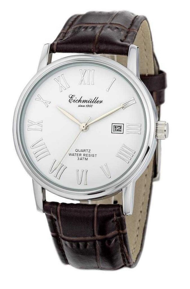 Eichmüller Quarzuhr Herrenuhr - Weißes Zifferblatt, braunes Lederarmband, 39 mm - 7048-02, Elegante Analoguhr für Herren von Eichmüller