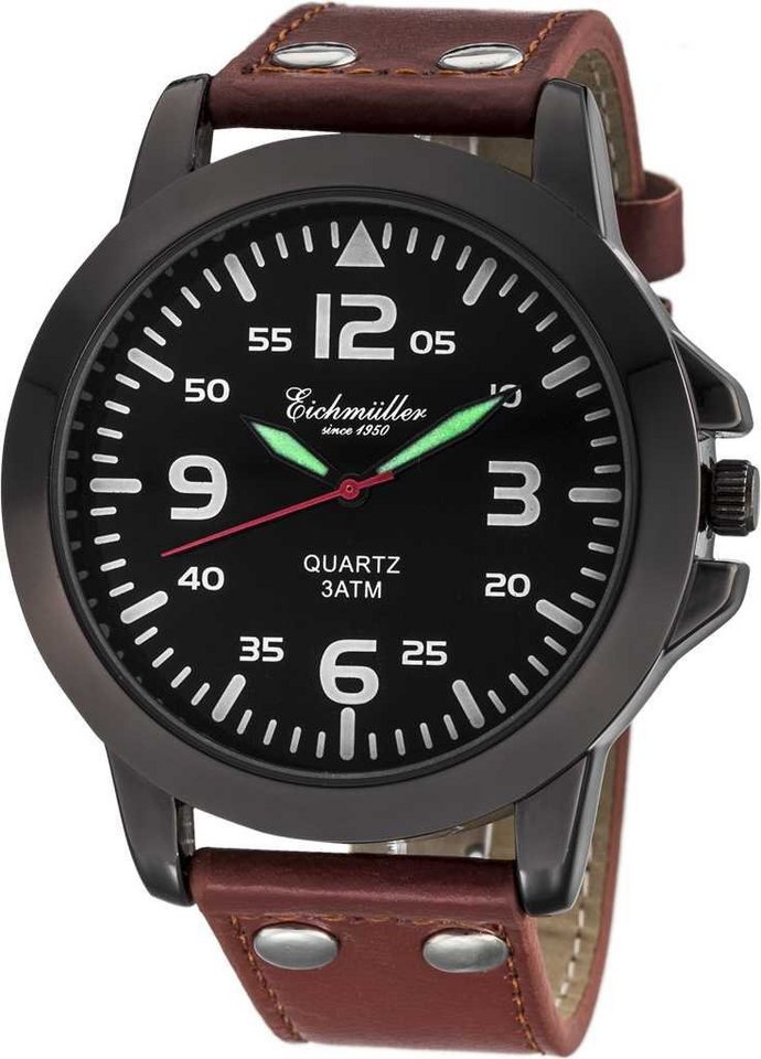 Eichmüller Quarzuhr Herrenuhr RE1006 schwarz-braun Lederband 45 mm von Eichmüller