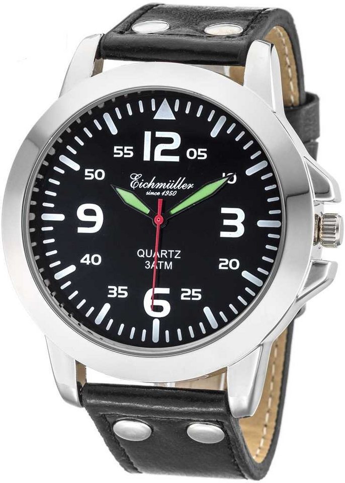 Eichmüller Quarzuhr Herrenuhr RE1009 schwarz Lederband 45 mm von Eichmüller