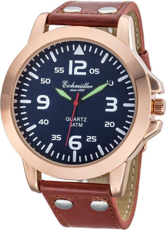 Eichmüller Quarzuhr Herrenuhr RE1012 rose-blau-braun Lederband 45 mm von Eichmüller