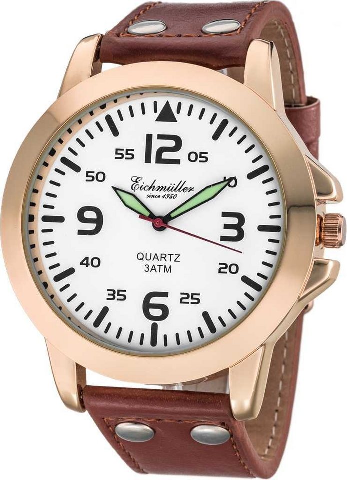 Eichmüller Quarzuhr Herrenuhr RE1013 rose-weiss-braun Lederband 45 mm von Eichmüller