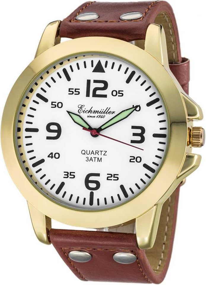 Eichmüller Quarzuhr Herrenuhr RE1015 goldfarben-weiss-braun Lederband 45 mm von Eichmüller