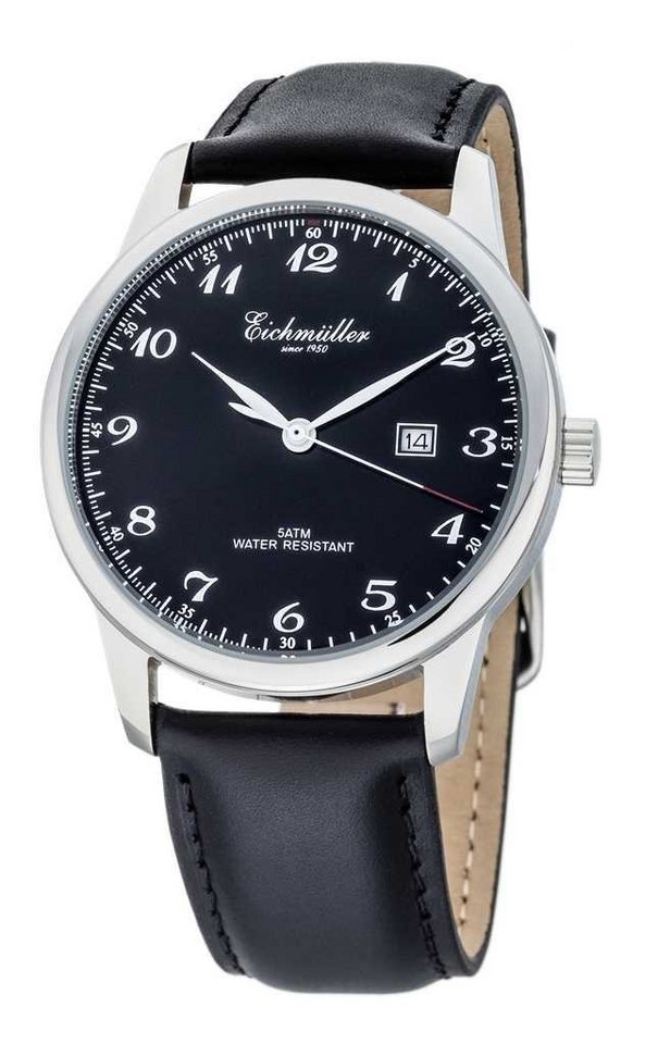 Eichmüller Quarzuhr Herrenuhr RE1059 Edelstahl schwarz Lederband 42 mm von Eichmüller