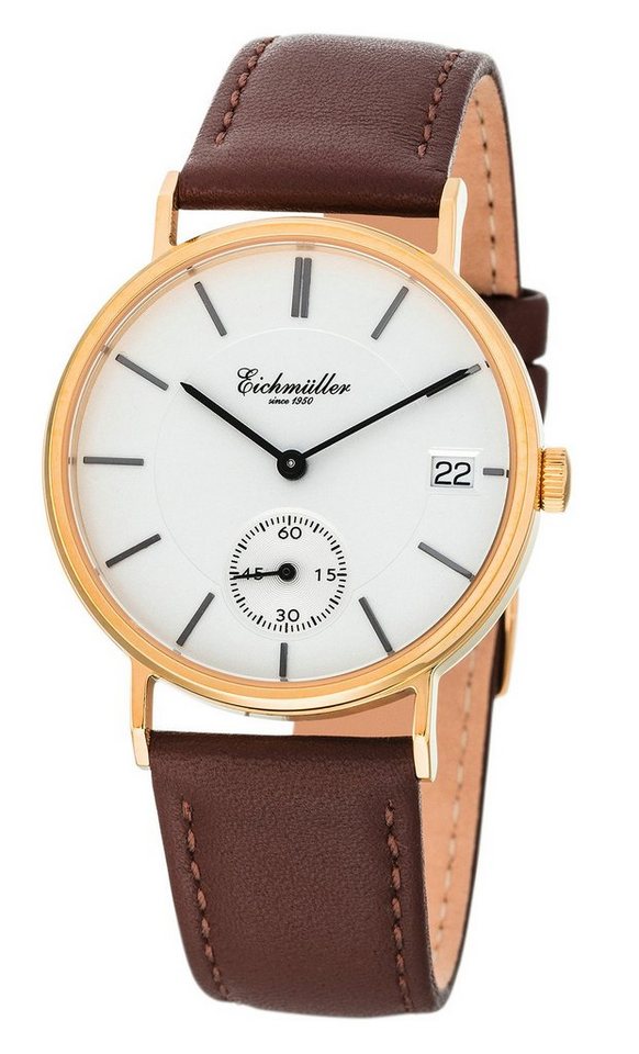 Eichmüller Quarzuhr elegante Herren-Armbanduhr, vergoldetes Gehäuse, 3037-03, braunes Lederarmband, 37 mm, präzises Uhrwerk von Eichmüller
