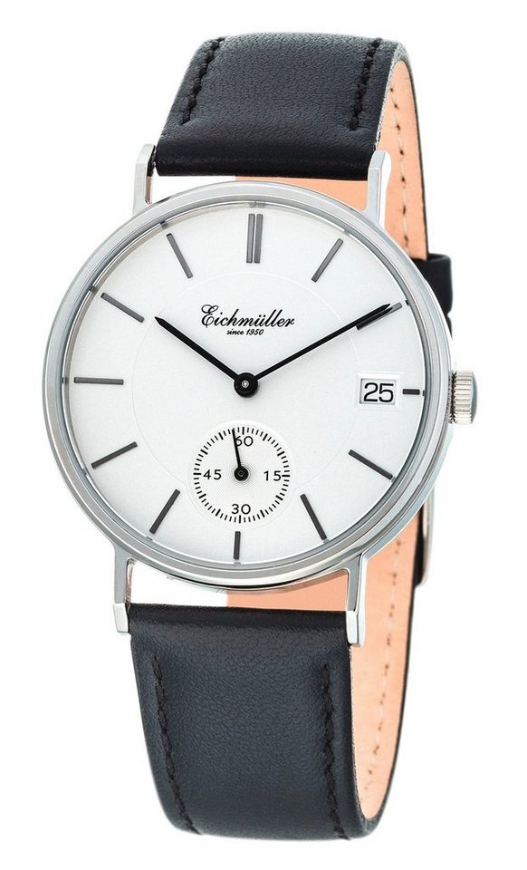 Eichmüller Quarzuhr Kleine Herrenuhr 3037-04 Schwarz Weiss Lederband 37 mm von Eichmüller