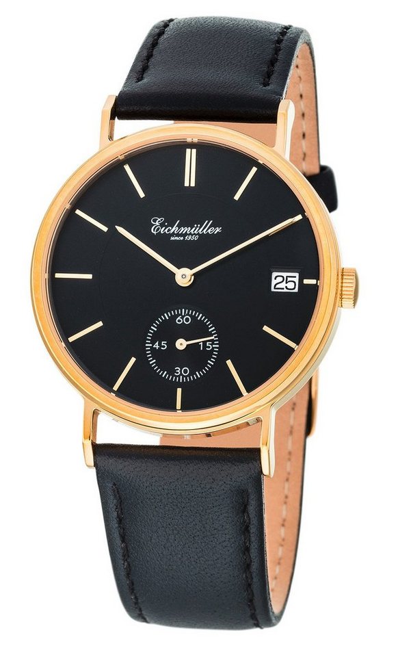 Eichmüller Quarzuhr elegante Herren-Armbanduhr, vergoldetes Gehäuse, 3037-05, schwarzes Zifferblatt, schwarzes Lederarmband, 37 mm von Eichmüller