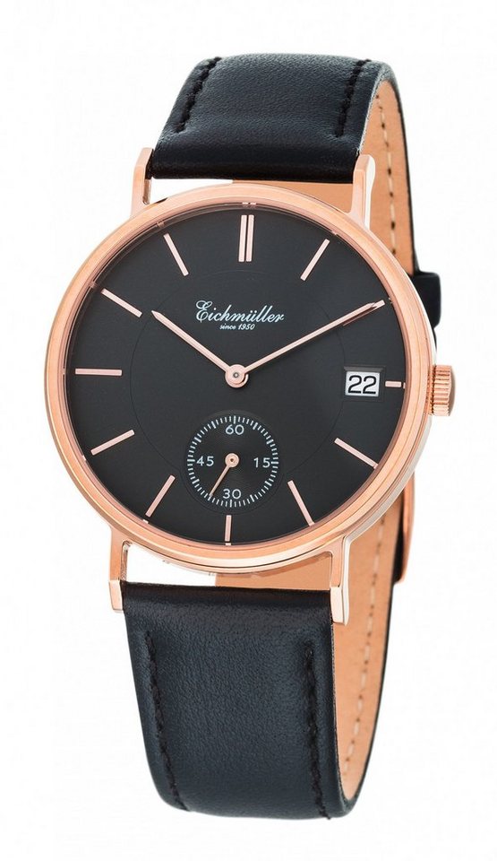 Eichmüller Quarzuhr Kleine Herrenuhr 3037-07 Rose Schwarz Lederband 37 mm von Eichmüller