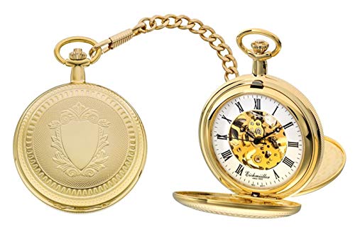 Eichmüller mechanische Messing Skelett Taschenuhr Gold mit Kette und Etui von Eichmüller