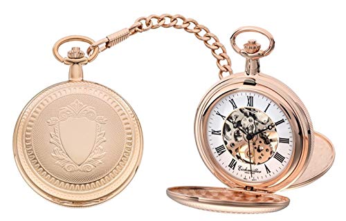 Eichmüller mechanische Messing Skelett Taschenuhr Roségold mit Kette und Etui von Eichmüller