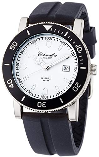 Eichmüller Herrenarmbanduhr | Quarz mit Datumsanzeige | Silikonband > schwarz | Ziffernblatt > weiß | 36451 von Eichmüller since 1950