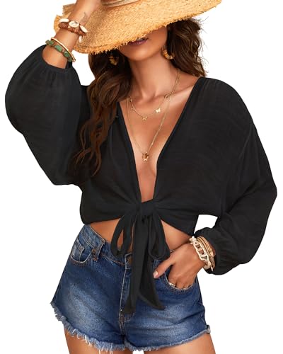 Damen Bademode Cover Ups Tops Tunika Selbstbinden Badeanzug Bikini Badeanzug Langarm Weich Strand Shirt für Frauen, Schwarz, Einheitsgröße von Eicolorte