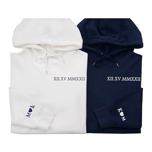 Eiennoai Benutzerdefinierte gestickte römische Zahl Hoodies, passende Hoodies für Paare, benutzerdefinierte Hoodies Design Ihre eigenen, personalisierte Haustier Gesicht Sweatshirt von Eiennoai