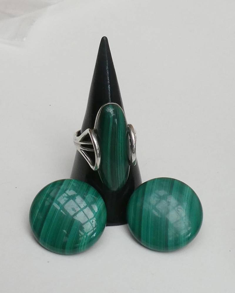 Einzigartiges Vintage-Set Aus 2 Ohrclipsen Und 1 Ring, Silber, Malachit, 1960Er von EifelSammelnJagen
