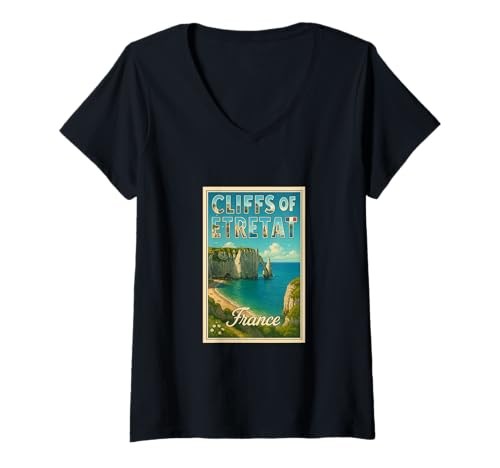 Damen Cliffs of Etretat France Vintage Reise Souvenir Kunst Grafik T-Shirt mit V-Ausschnitt Damen Cliffs of Etretat France Vintage Reise Souvenir Kunst Grafik T-Shirt mit V-Ausschnitt von Eiffel Good Tees Apparel and Design