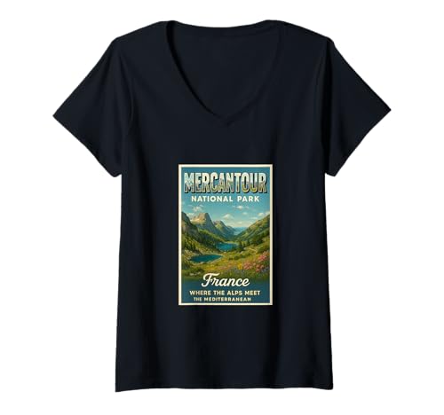 Damen Mercantour Frankreich, Vintage-Reise-Souvenir-Poster, Kunstgrafik T-Shirt mit V-Ausschnitt Damen Mercantour Frankreich, Vintage-Reise-Souvenir-Poster, Kunstgrafik T-Shirt mit V-Ausschnitt von Eiffel Good Tees Apparel and Design