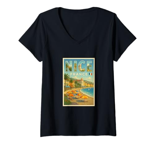 Damen Nizza Frankreich Vintage Reise Souvenir Poster Kunst Grafik T-Shirt mit V-Ausschnitt Damen Nizza Frankreich Vintage Reise Souvenir Poster Kunst Grafik T-Shirt mit V-Ausschnitt von Eiffel Good Tees Apparel and Design