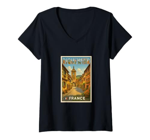 Damen Riquewihr Frankreich, Vintage-Reise-Souvenir-Poster, Kunstgrafik T-Shirt mit V-Ausschnitt Damen Riquewihr Frankreich, Vintage-Reise-Souvenir-Poster, Kunstgrafik T-Shirt mit V-Ausschnitt von Eiffel Good Tees Apparel and Design