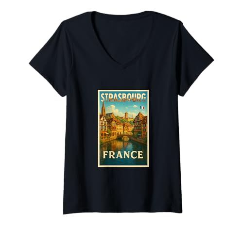 Damen Straßburg Frankreich Vintage Reise Souvenir Poster Kunst Grafik T-Shirt mit V-Ausschnitt Damen Straßburg Frankreich Vintage Reise Souvenir Poster Kunst Grafik T-Shirt mit V-Ausschnitt von Eiffel Good Tees Apparel and Design