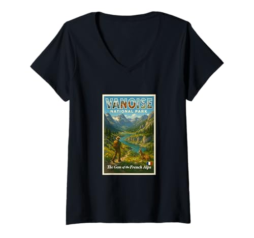 Damen Vanoise Frankreich, Vintage-Reise-Souvenir-Poster, Kunstgrafik T-Shirt mit V-Ausschnitt Damen Vanoise Frankreich, Vintage-Reise-Souvenir-Poster, Kunstgrafik T-Shirt mit V-Ausschnitt von Eiffel Good Tees Apparel and Design