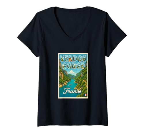 Damen Verdon Gorge Frankreich Vintage Reise Souvenir Post Art Grafik T-Shirt mit V-Ausschnitt Damen Verdon Gorge Frankreich Vintage Reise Souvenir Post Art Grafik T-Shirt mit V-Ausschnitt von Eiffel Good Tees Apparel and Design