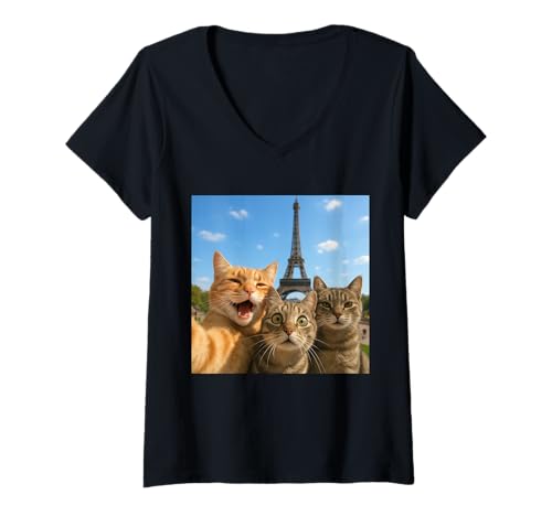 Damen Cats Selfie in Paris Romantic Cat Moment Gift T-Shirt mit V-Ausschnitt von Eiffel Tower Cat Selfie Gift