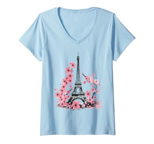 Damen Paris Flowers Kirschblüten-Eiffelturm T-Shirt mit V-Ausschnitt Damen Paris Flowers Kirschblüten-Eiffelturm T-Shirt mit V-Ausschnitt von Eiffel Tower Parisian Souvenir France Eiffel Paris