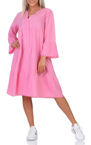 Eight 2 Nine Damen Leinen Midi-Kleid 3/4 Arm LETN-078 mit Breiten Volants Aurora Pink S/M von Eight 2 Nine