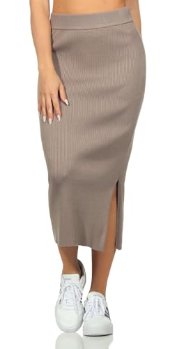 Eight 2 Nine Damen Midi Strick-Rock LETN-084 Damenrock wadenlang mit Schlitz Dark Beige L von Eight 2 Nine