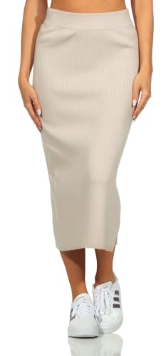 Eight 2 Nine Damen Midi Strick-Rock LETN-084 Damenrock wadenlang mit Schlitz Light Beige M von Eight 2 Nine