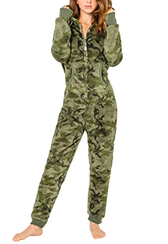 Eight 2 Nine Damen Teddyfleece Jumpsuit mit Kapuze und Öhrchen, Flauschiger Overall mit Daumenlöchern, kuschelig bequemer One-Piece für entspannte Stunden, schwarz, grau, rosa XS-XL Dark-Green S/M von Eight 2 Nine