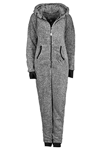 Eight 2 Nine Damen Teddyfleece Jumpsuit mit Kapuze und Öhrchen, Flauschiger Overall mit Daumenlöchern, kuschelig bequemer One-Piece für entspannte Stunden, schwarz, grau, rosa XS-XL Dark-Grey XS/S von Eight 2 Nine