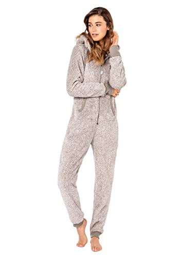 Eight 2 Nine Damen Teddyfleece Jumpsuit mit Kapuze und Öhrchen, Flauschiger Overall mit Daumenlöchern, kuschelig bequemer One-Piece für entspannte Stunden, schwarz, grau, rosa XS-XL Light-grey1 L/XL von Eight 2 Nine