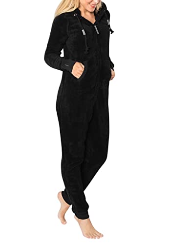 Eight 2 Nine Damen Teddyfleece Jumpsuit mit Kapuze und Öhrchen, Flauschiger Overall mit Daumenlöchern, kuschelig bequemer One-Piece für entspannte Stunden, schwarz, grau, rosa XS-XL black1 XS/S von Eight 2 Nine