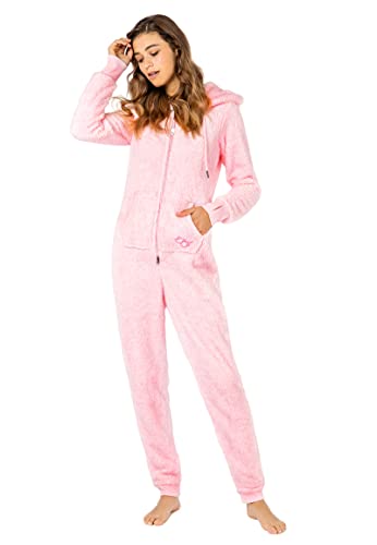 Eight 2 Nine Damen Teddyfleece Jumpsuit mit Kapuze und Öhrchen, Flauschiger Overall mit Daumenlöchern, kuschelig bequemer One-Piece für entspannte Stunden, schwarz, grau, rosa XS-XL Rose S/M von Eight 2 Nine