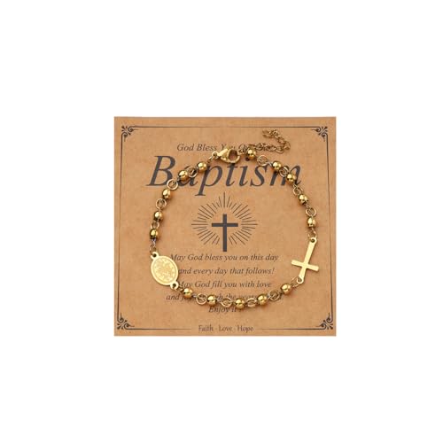 Eigso 14K Gold Armbänder für Frauen Rosenkranz Perlen Kreuz Armband 6MM Link Kette für Frau von Eigso