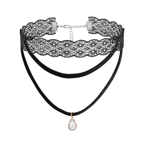 Eigso 2 Stück Schwarzer Samt Gothic Spitze Choker Halskette für Frauen Männer Zierliche Kristall Tropfen Perlen Edelstein Kragen Halskette für Frau Mann von Eigso