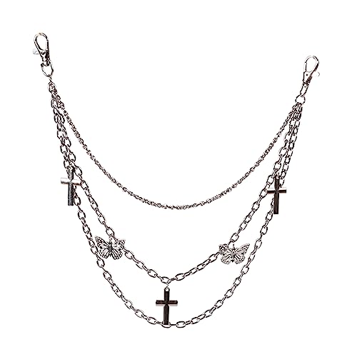 Eigso 3 Lagen Kreuz Anhänger Charm Jeans Kette Goth Accessoire für Frauen Männer Silber Glänzend Vintage Rock N Roll Ketten Gürtel für Frau Mann von Eigso