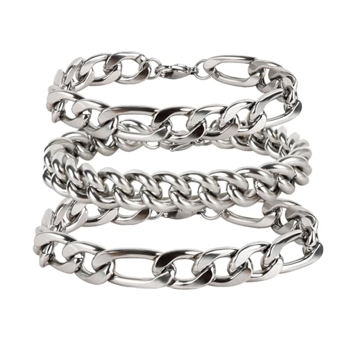 Eigso 3 Pcs Edelstahl Herren Cuban Chain Link Armbänder für Männer Frauen Vintage Neuheit Mode Silber Armband Set für Mann Frau von Eigso