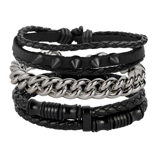 Eigso 3 Pcs geflochtene Seil Leder Manschette Armbänder für Mann Frau Vintage 80er Jahre schwarz Retro Armbänder für Männer Frauen von Eigso