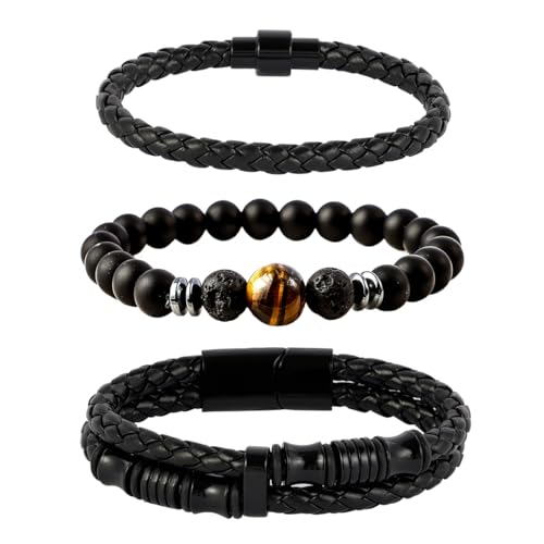 Eigso 3 Pcs schwarz geflochtene gewebte Leder Manschette Armbänder für Männer Frauen klassische Vintage Mans Link Armband Manschette von Eigso