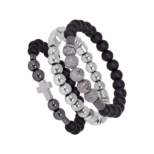 Eigso 3 Stück Schwarzer Stein Perlen Armbänder für Männer Frauen Unisex Mattes Glas Perlen Kreuz Anhänger Armband Set mit Karte Stein Perlen von Eigso