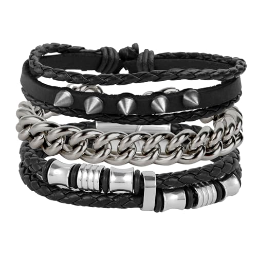 Eigso 3 Stück geflochtene Leder Manschetten Armbänder für Männer Frauen Unisex Vintage Retro Edelstahl Link Armband für Mann Frau von Eigso