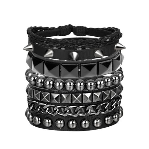 Eigso 4 Stück Punk Leder Nieten Manschette Armbänder für Männer Frauen Herren Hämatit Retro Spikes Armbänder Einstellbar von Eigso