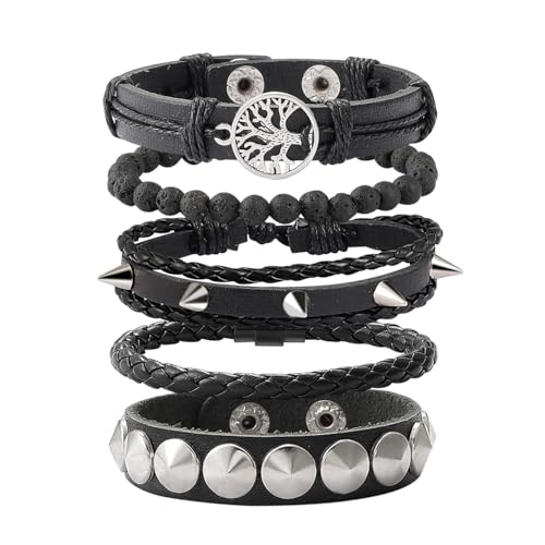 Eigso Schwarzes Rockband für Damen Herren Punk Leder Nietenarmbänder 80S Rock Gothic Armband für Frau Mann von Eigso